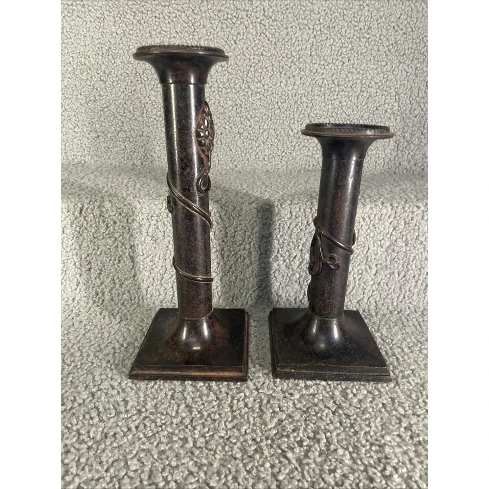 vintage Traditional Italian Bronze Grapevine Mantle Candlestick Holders - a Pair